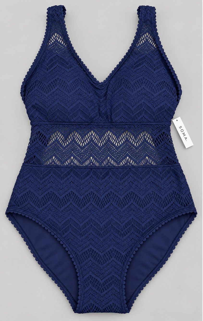 NWT SOMA NIGHTFALL NAVY BLUE CROCHET ONE PIECE SWIMSUIT SZ 14